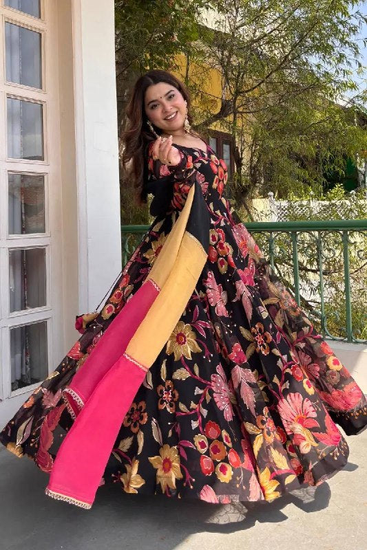 Festive Black Floral Anarkali Suit with Organza Dupatta For Women