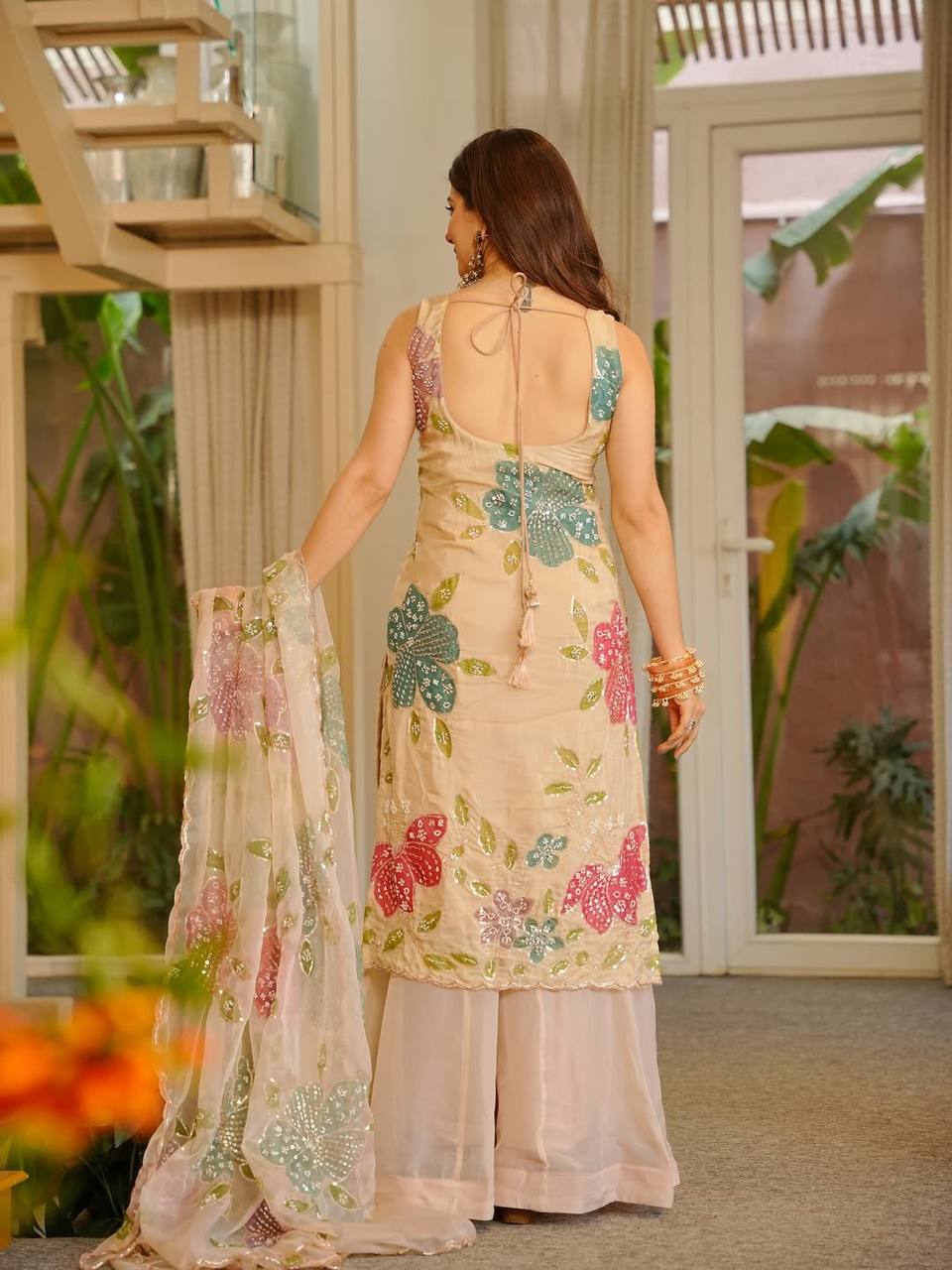 Beige Floral Organza Silk Palazzo Sharara Suit Set for Women| Party Wear Palazzo Sharara Suit
