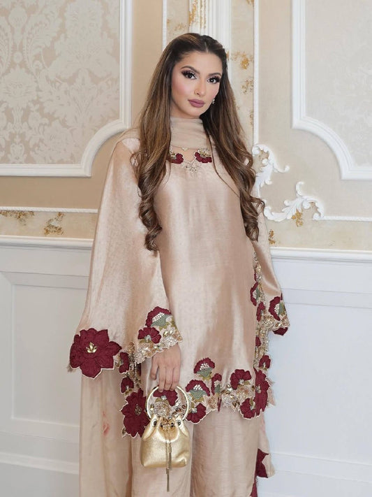 Beige Floral Embroidered Pakistani Suit Set with Dupatta for Women