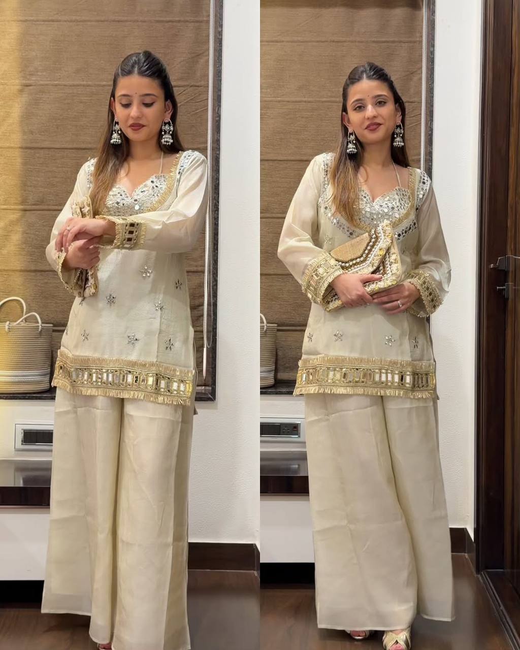 Designer Ivory Mirror Work Palazzo Suits