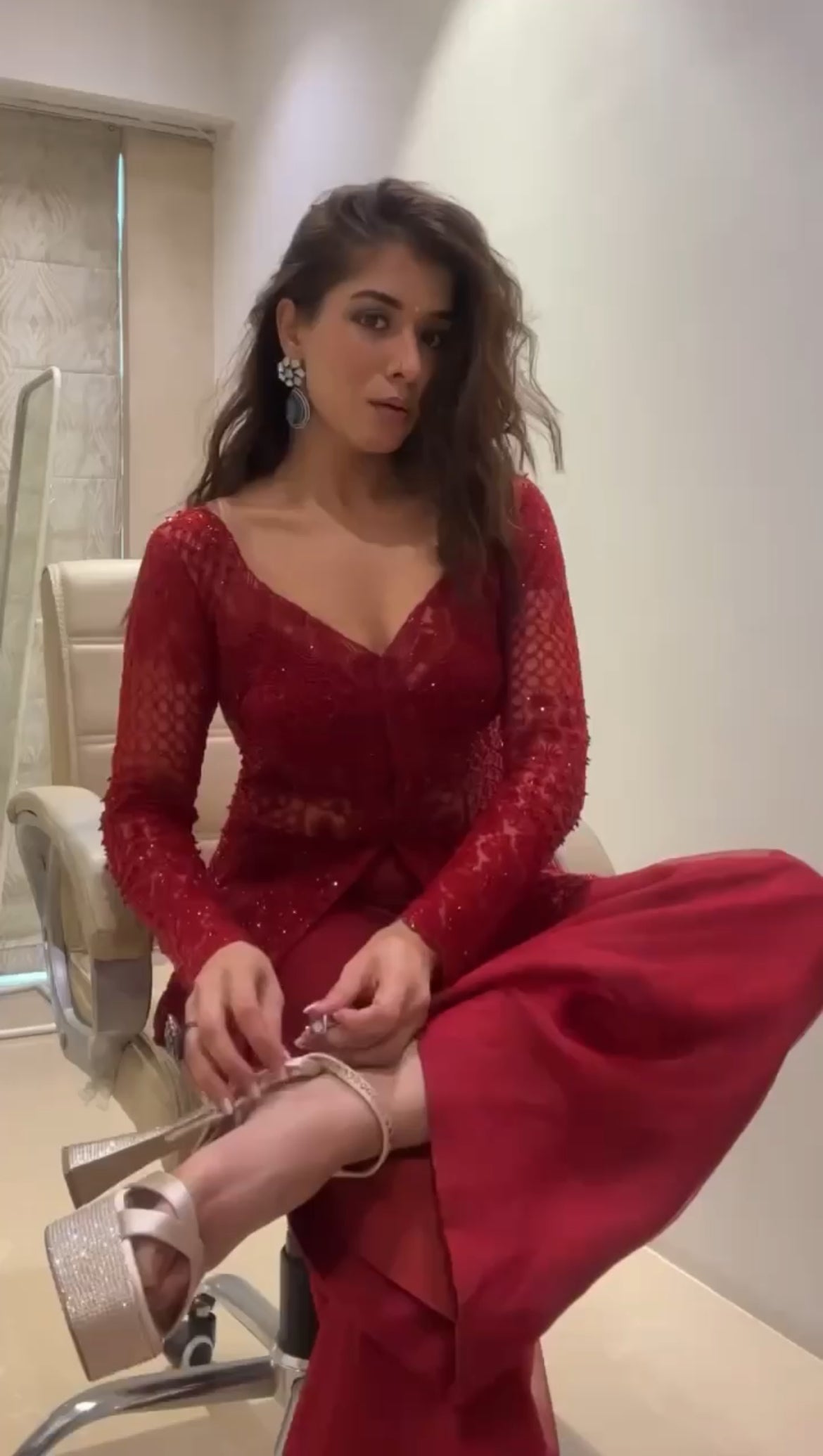 Party Wear Red Sequin Co-ord Palazzo Suit for Women