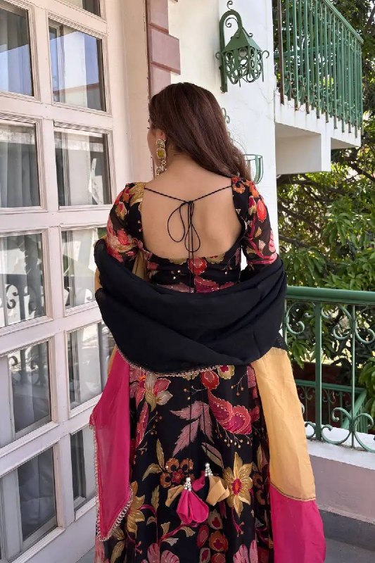 Festive Black Floral Anarkali Suit with Organza Dupatta For Women