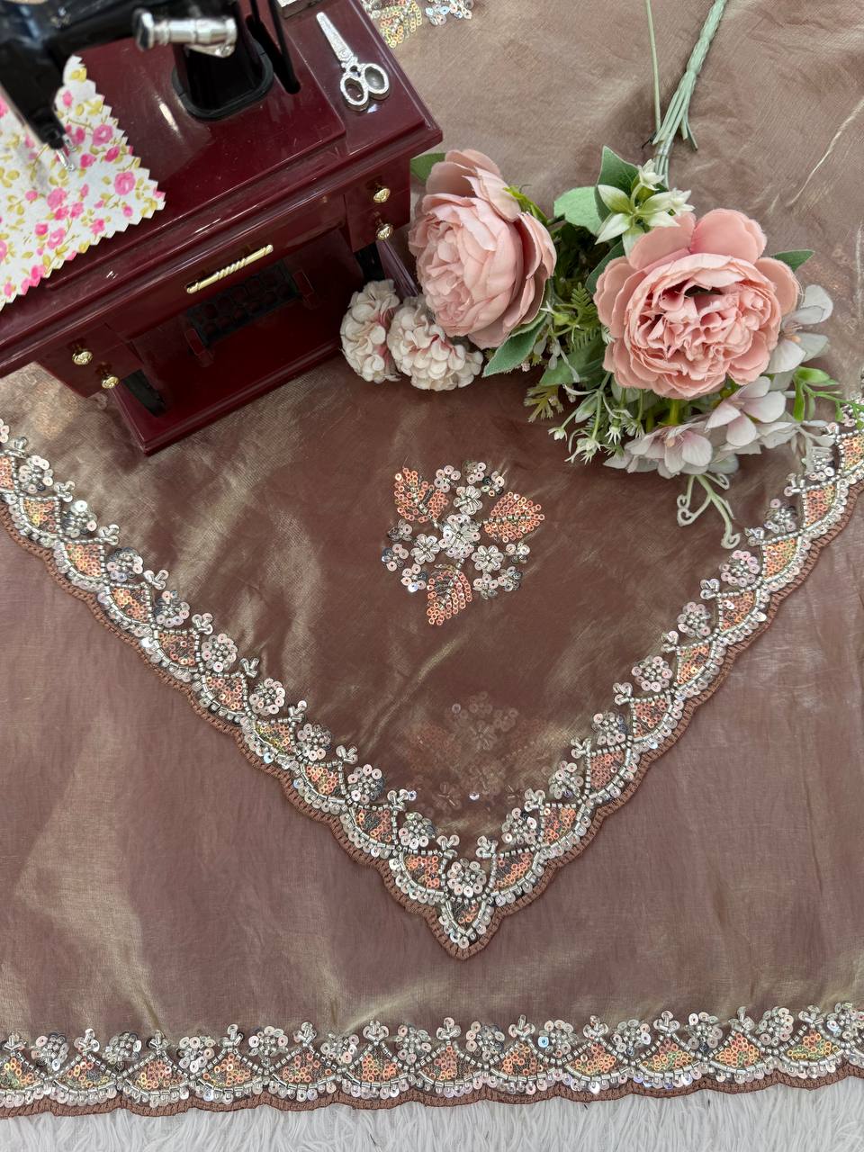 Designer Brown Fendy Silk Saree with Hand Sequin Work