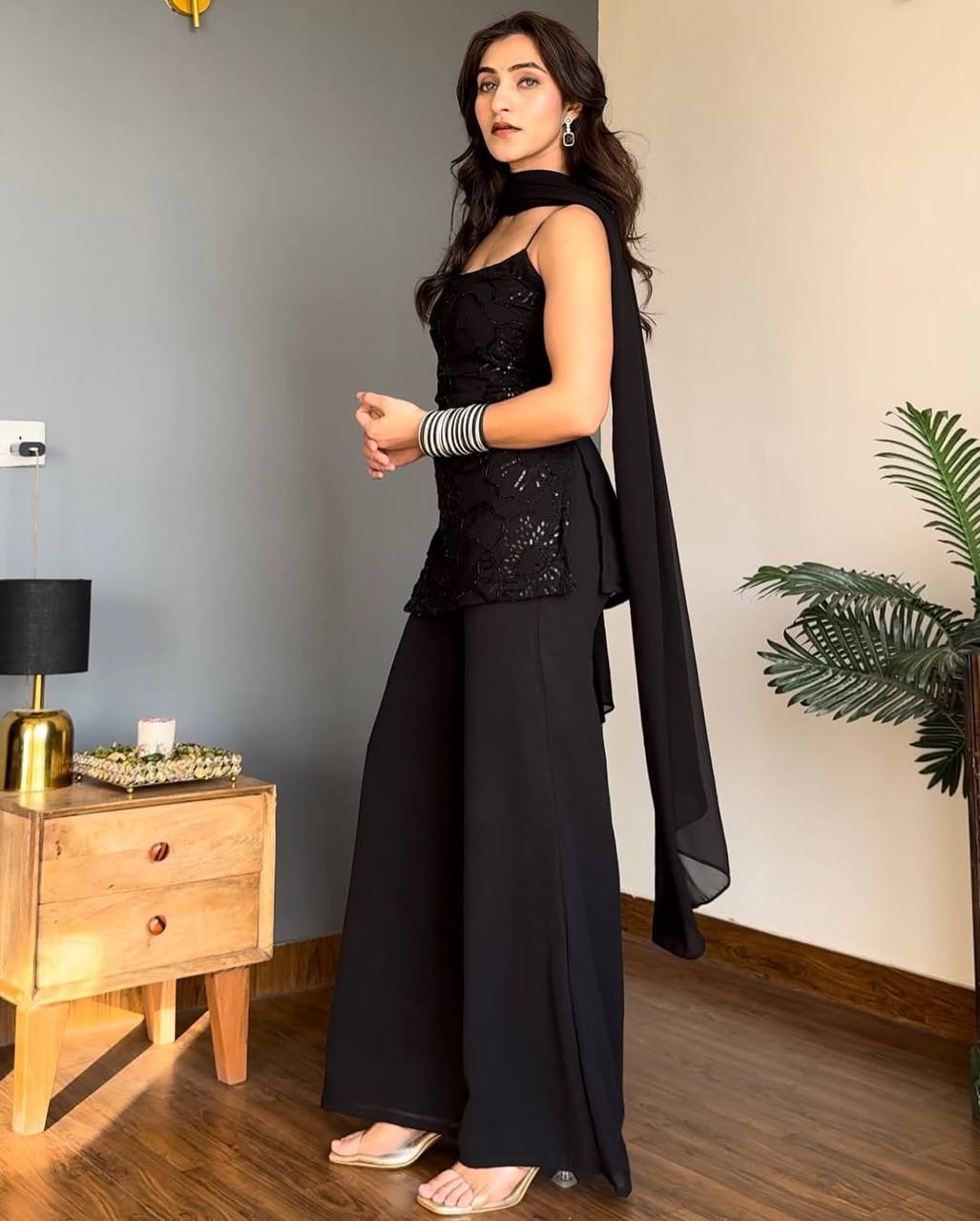 Festive Wear Classic 90's Inspired Black Cosmos Kurta Palazzo Set with Dupatta