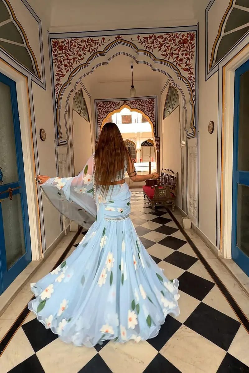 Ready-to-Wear Sky Blue Floral Ruffle Drape Lehenga Saree