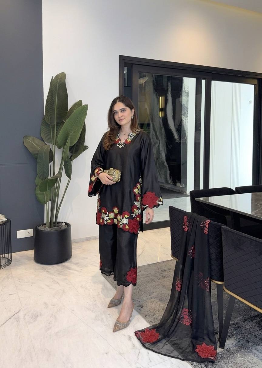 Festive Wear Black Floral Embroidered Pakistani Suit Set