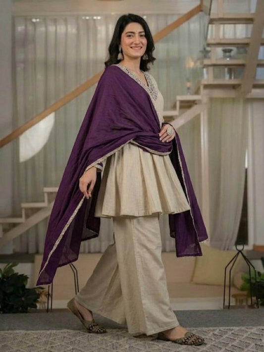 Wedding Wear Ivory Chinnon Silk Kurta Palazzo Suit Set | Wedding Wear Festive Party Wear Ethnic Dress