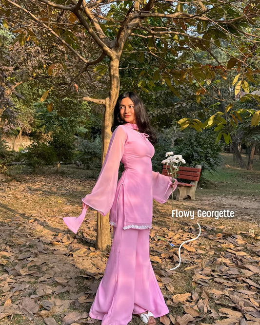 90’s Style Pink Georgette Palazzo Sharara suit For Women