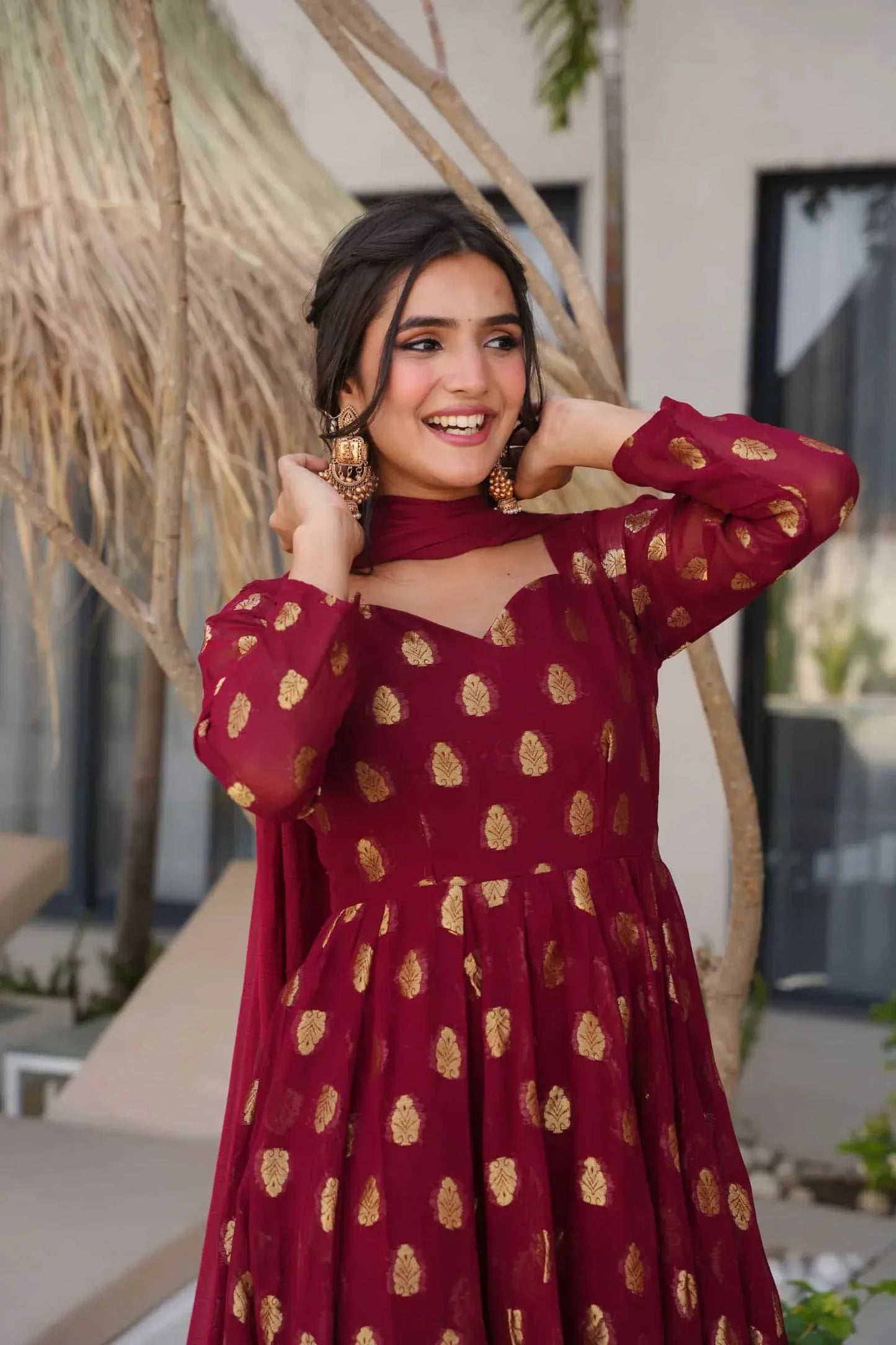 Elegant Maroon Anarkali Suit with Golden Zari Work & Dupatta – Festive Ethnic Wear