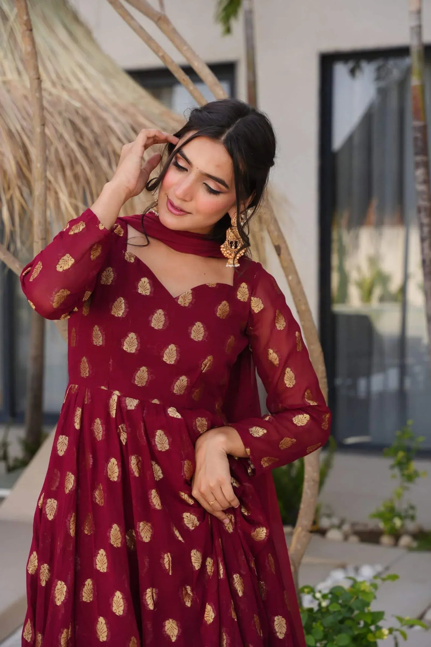 Elegant Maroon Anarkali Suit with Golden Zari Work & Dupatta – Festive Ethnic Wear