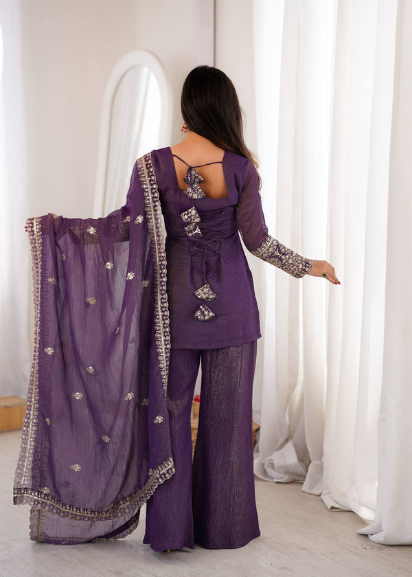 Wedding Wear Purple Chanderi Palazzo Suit Set for Women