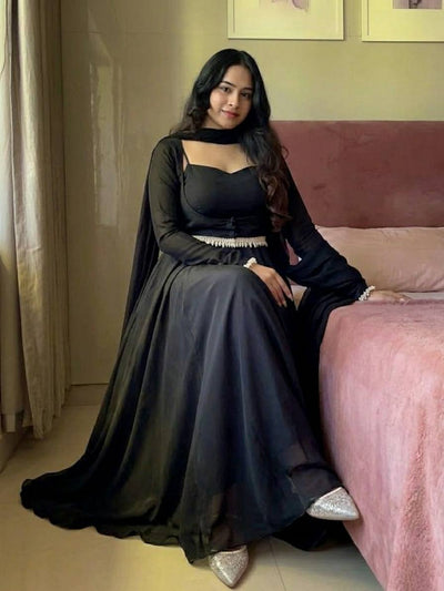 Black Jacket Style Anarkali Gown for Women with Dupatta