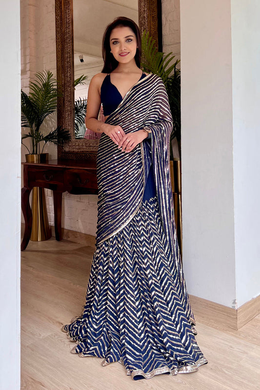 Wedding Wear Navy Blue Lehenga Saree For Women