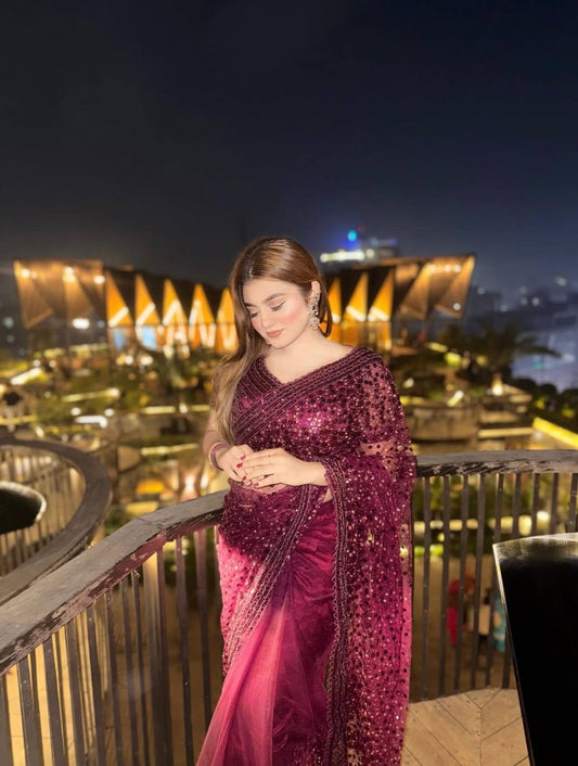 Wine Sequin Work Soft Net Saree With Designer Blouse – Party Wear & Wedding Saree