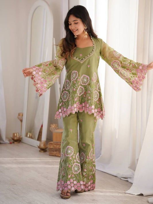 Olive Green Palazzo Suit Set for Women | Designer Embroidered Party Wear Wedding & Sangeet Outfit