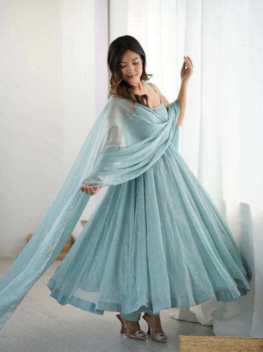 Party Wear Sky Blue Anarkali Suit Set for Women