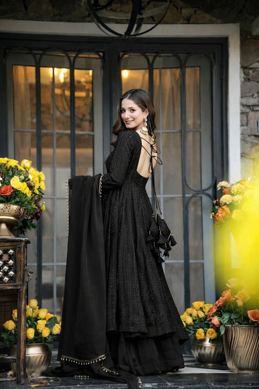 Black Anarkali Suit Set for Women | Fully Stitched Partywear Anarkali with Dupatta for Wedding & Sangeet