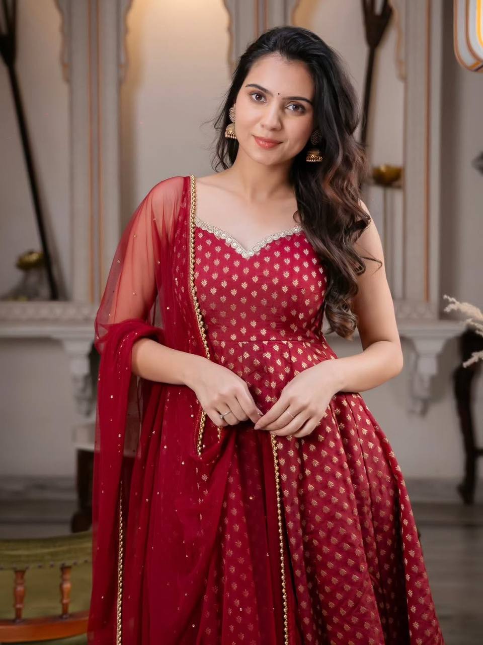 Wine Red Chanderi Jacquard Anarkali Suit Set with Dupatta & Pant