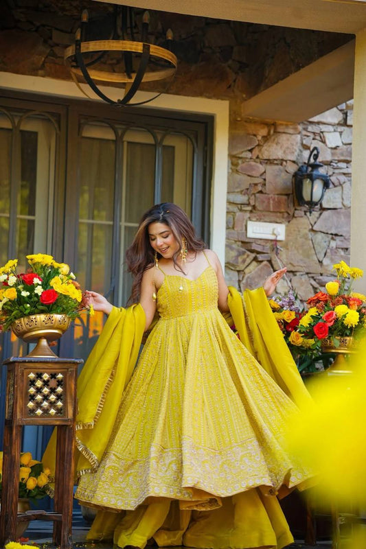 Wedding Wear Yellow Anarkali Suit with Sharara & Dupatta For Women