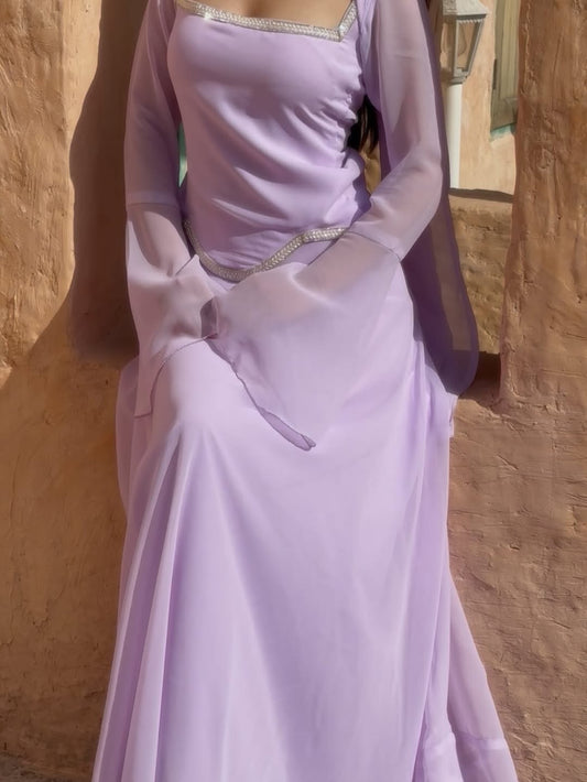 Iconic Lavender indo western Bell Sleeves With Fully Stitched Lehenga Set