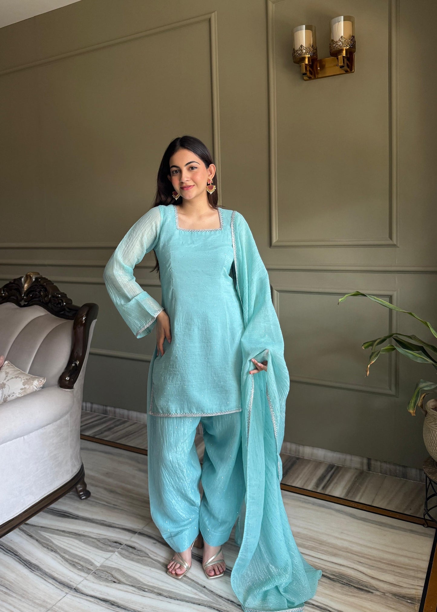 Party Wear Sky Blue Silk Farsi Salwar Suits For Women