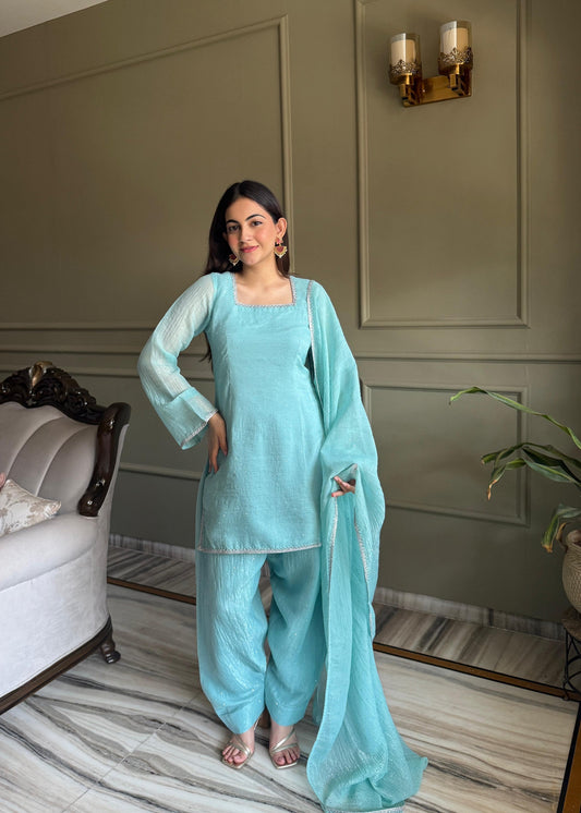 Party Wear Sky Blue Silk Farsi Salwar Suits For Women