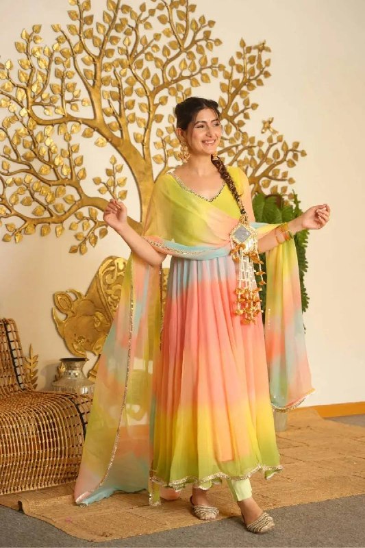 Multicolor Faux Georgette Anarkali Suit with Palazzo & Dupatta | festive wear suit set