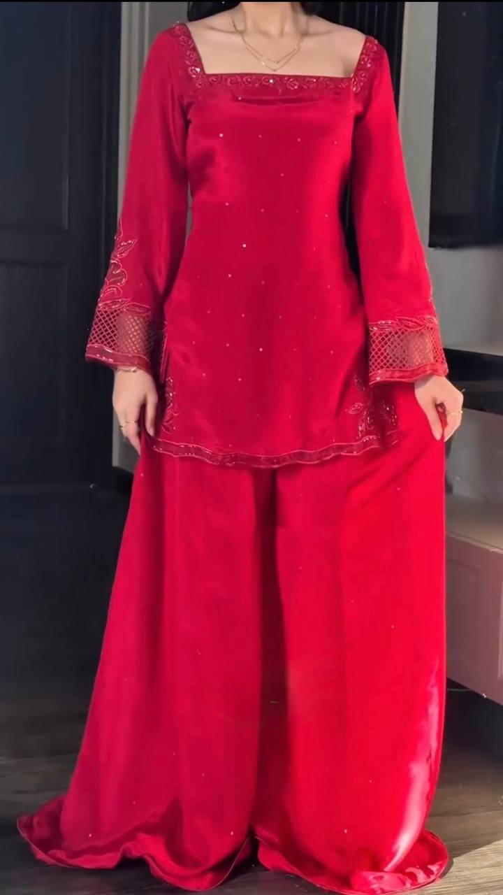 Wine Red Natural Silk Beads Work Party Wear Palazzo Suit with Dupatta