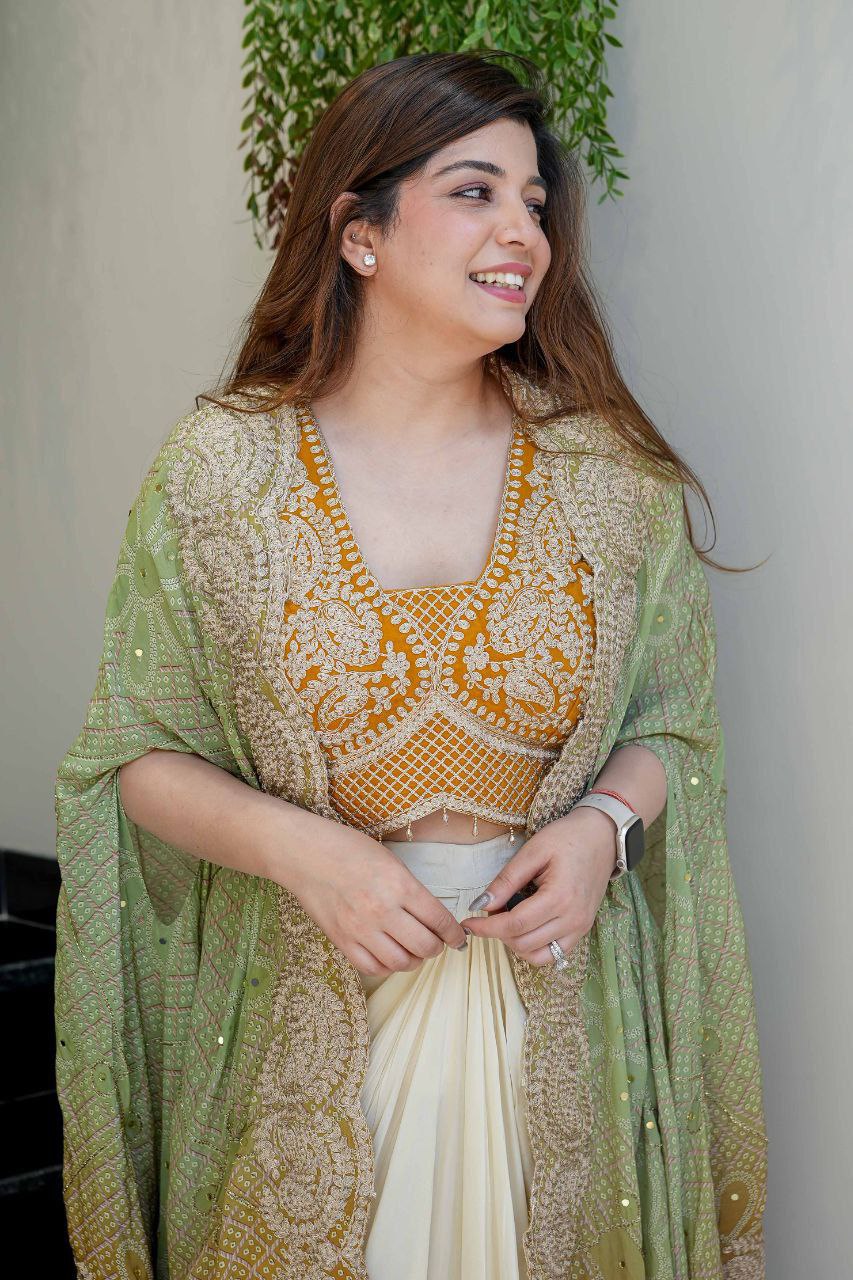Party Wear Indo-Western Draped Saree Set with Embroidered Shrug - Western Saree Outfit for Women