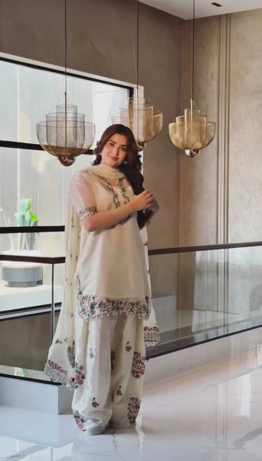 Ivory Fendi Silk Farshi Palazzo Suit Set with Dupatta | Designer Ethnic Wear for Women
