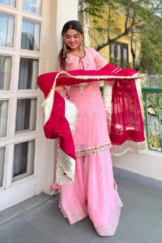 Women’s Baby Pink Embroidered Organza Silk Sharara Suit with Dupatta – Party Wear Ethnic Set