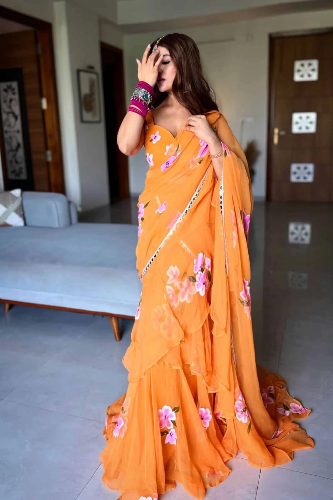 Orange Floral Ruffle Lehenga Saree for Women | Ready-to-Wear Georgette Party Wear Saree