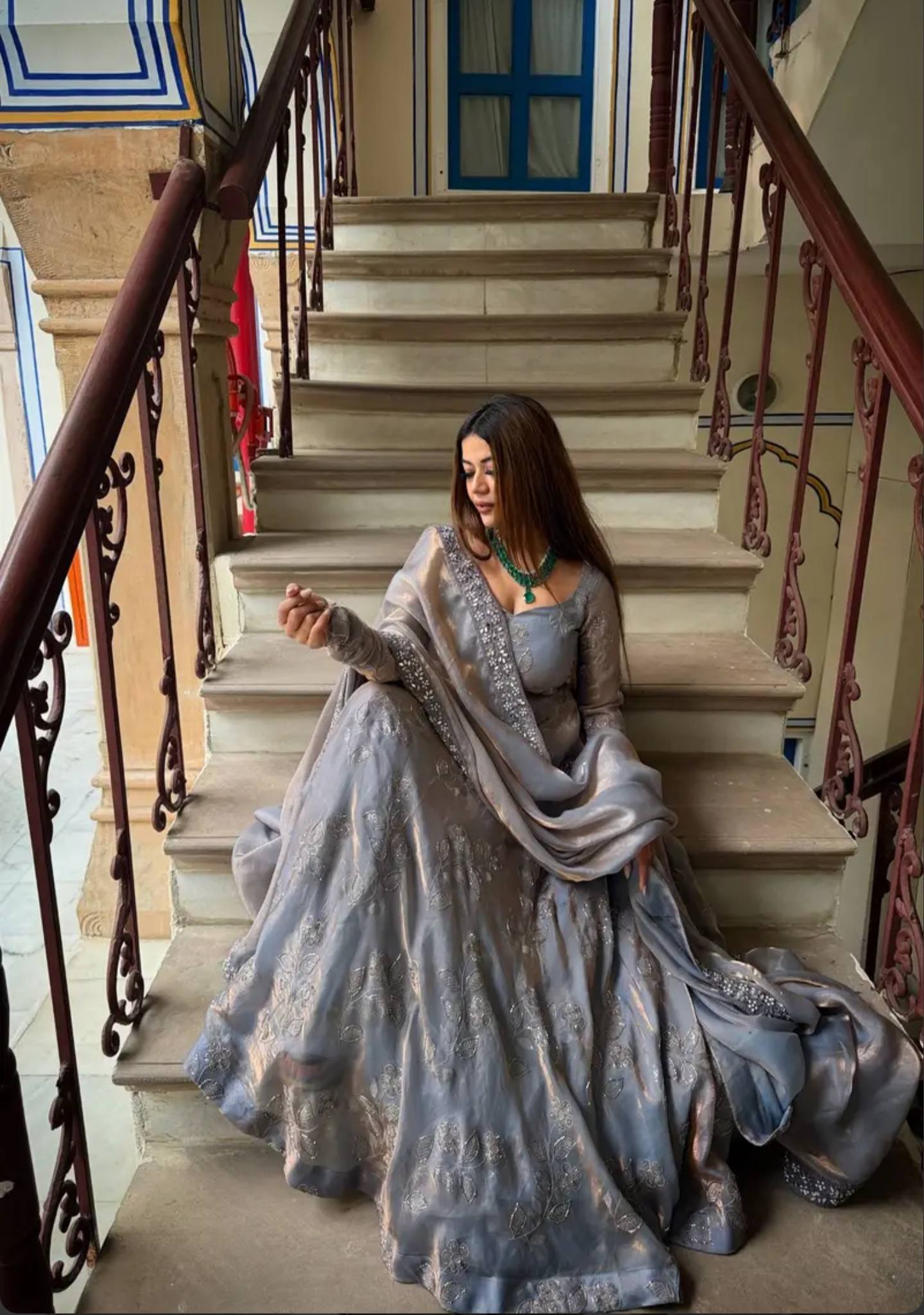 Elegant Grey Fandy Silk Anarkali Suit Set with Embroidered Dupatta | Designer Party Wear Wedding Anarkali for Women
