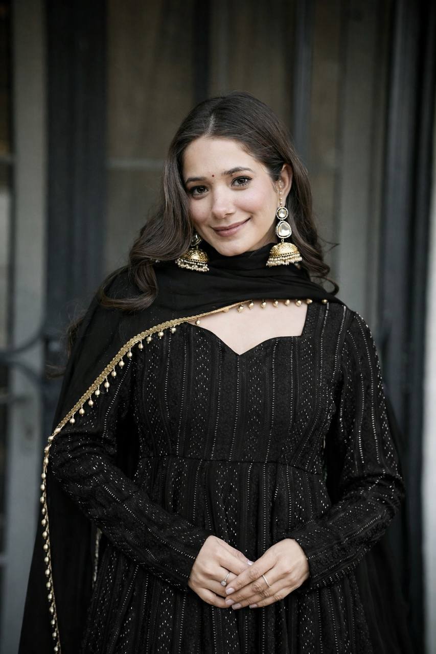 Black Anarkali Suit Set for Women | Fully Stitched Partywear Anarkali with Dupatta for Wedding & Sangeet