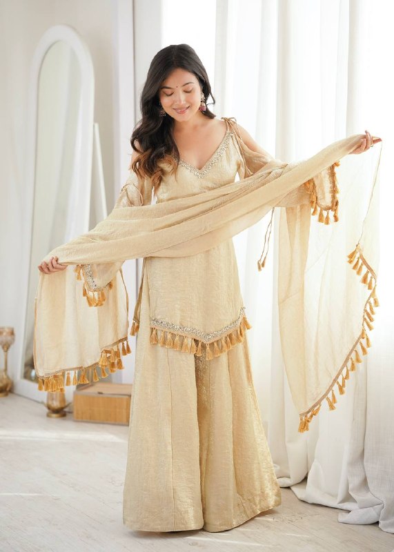 Champagne Beige Mirror Work Kurta Palazzo Suit for Women