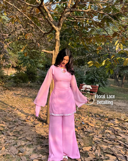 90’s Style Pink Georgette Palazzo Sharara suit For Women