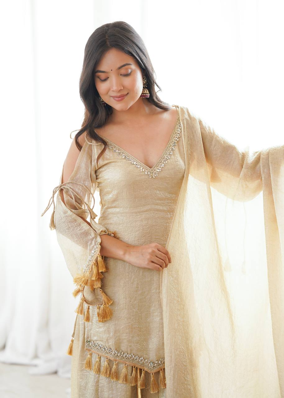 Champagne Beige Mirror Work Kurta Palazzo Suit for Women