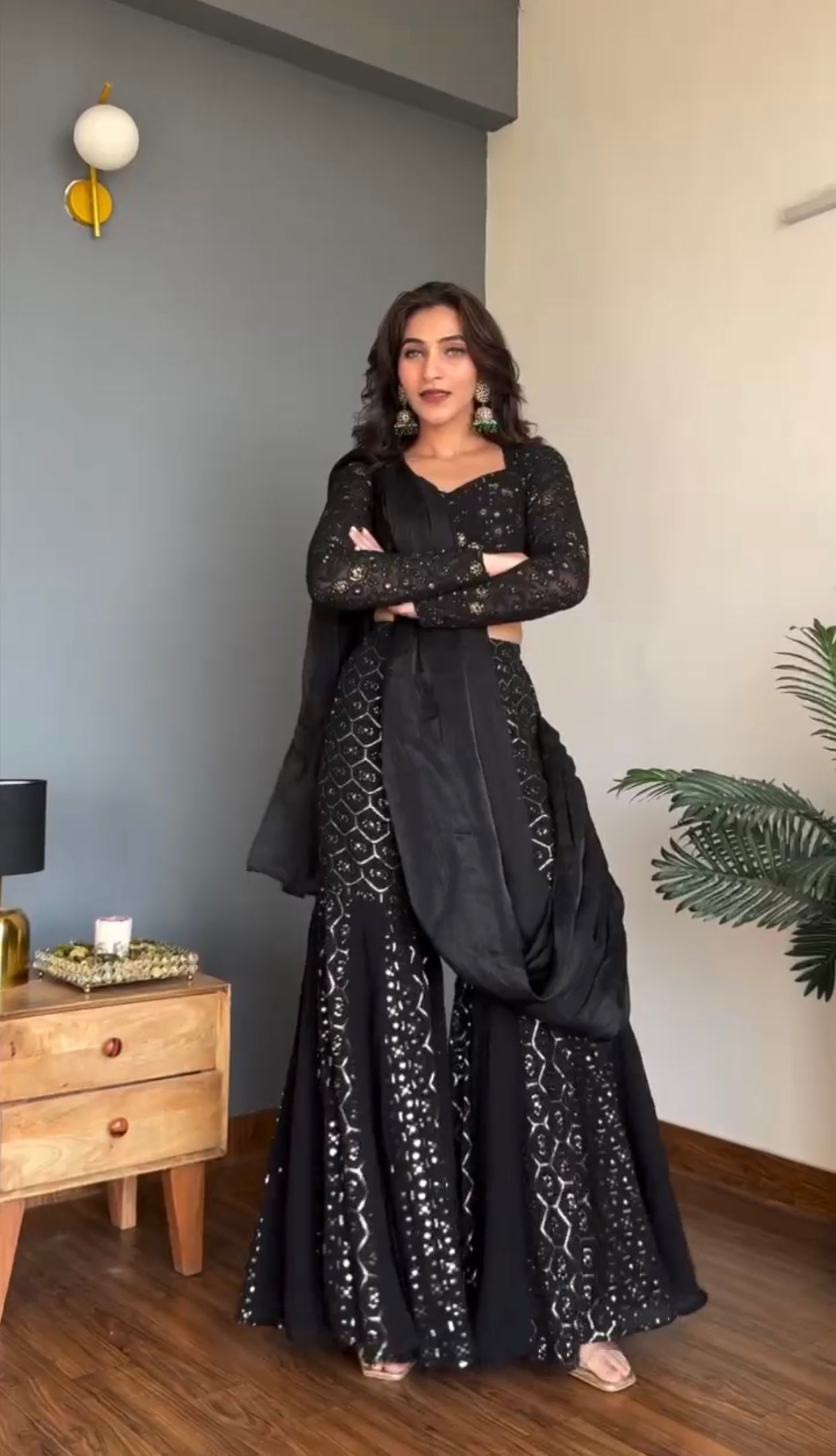 Ready-to-Wear Midnight Black Fully Stitched Lehenga Sharara Set |Fully Stitched Lehenga Sharara for Women