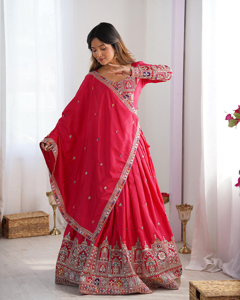 Tomato Color Natural Crepe Silk Lehenga Choli