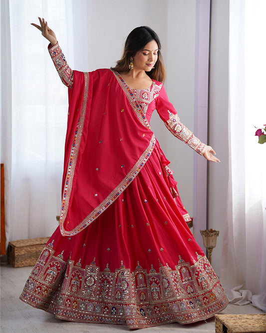 Tomato Color Natural Crepe Silk Lehenga Choli