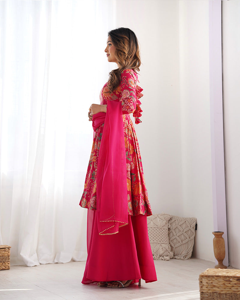 Rani Pink Color Printed Plazzo Suit