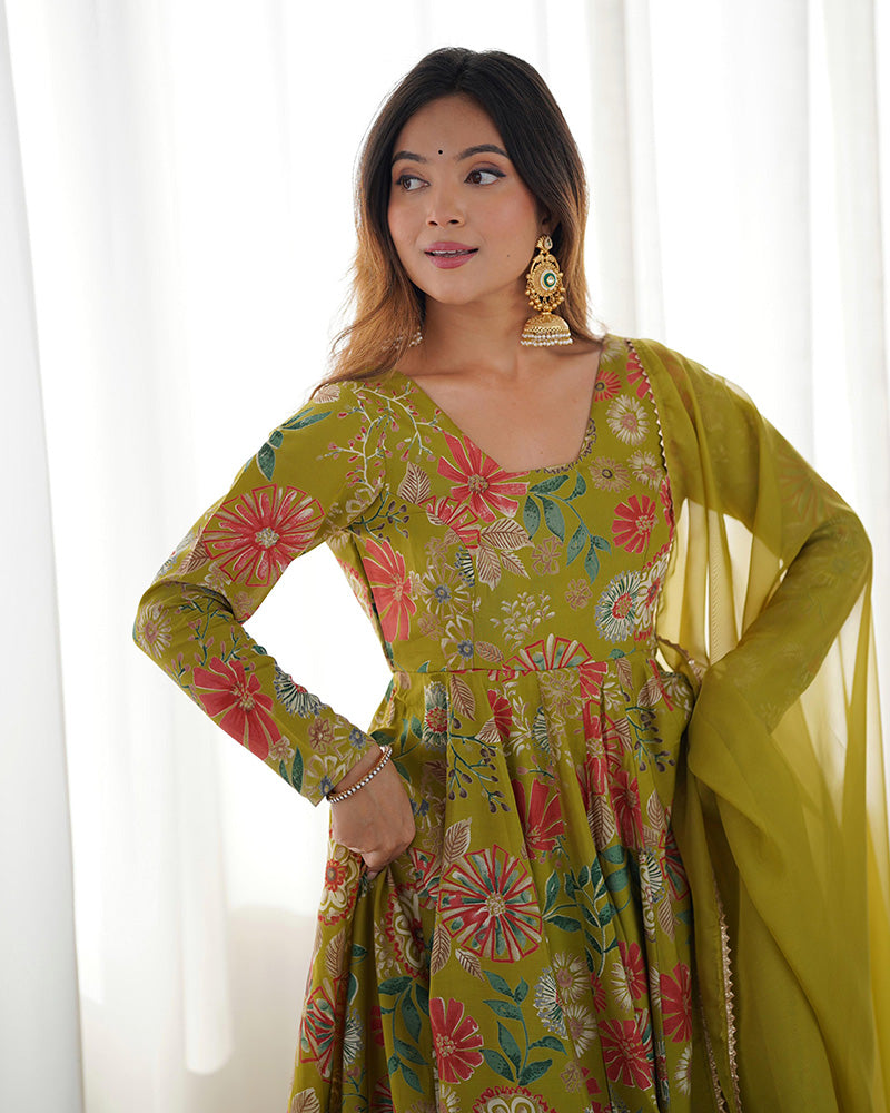 Mehndi Color Roman Silk Discharge Printed Plazzo Suit