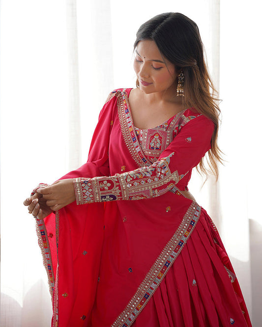 Tomato Color Natural Crepe Silk Lehenga Choli