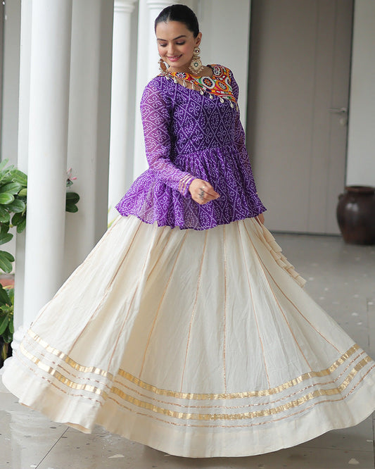Purple Bandhani Style Peplum Choli With Kora Cotton Lehenga