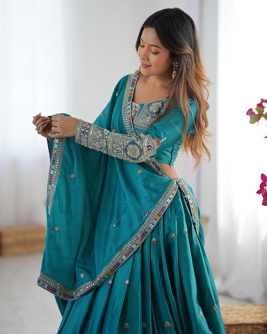 Bottle Green Color Natural Crepe Silk Lehenga Choli