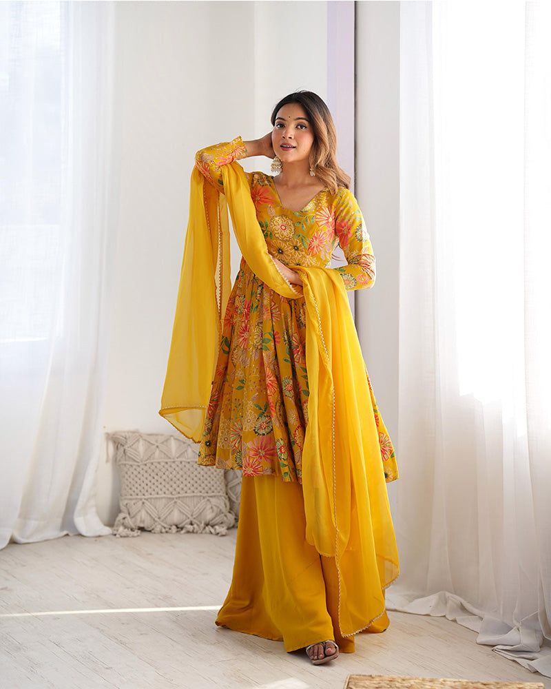 Mustard Color Printed Plazzo Suit