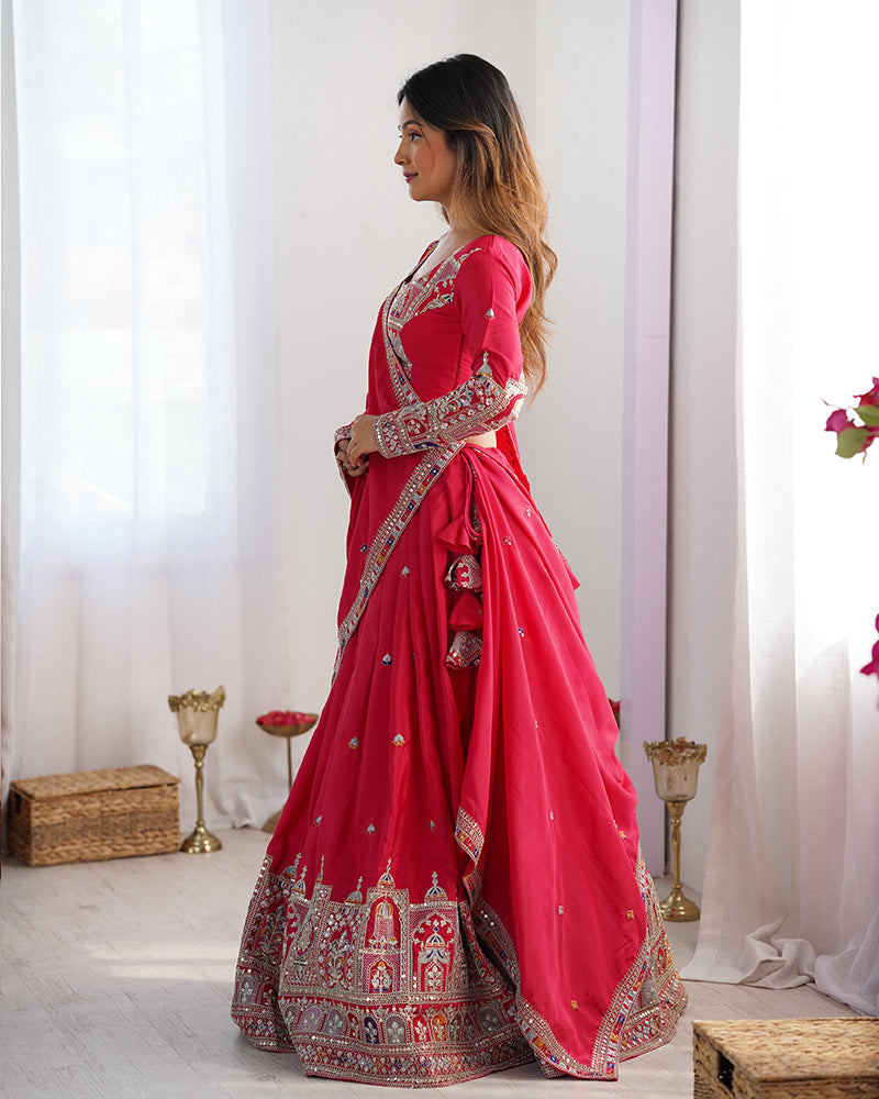 Tomato Color Natural Crepe Silk Lehenga Choli