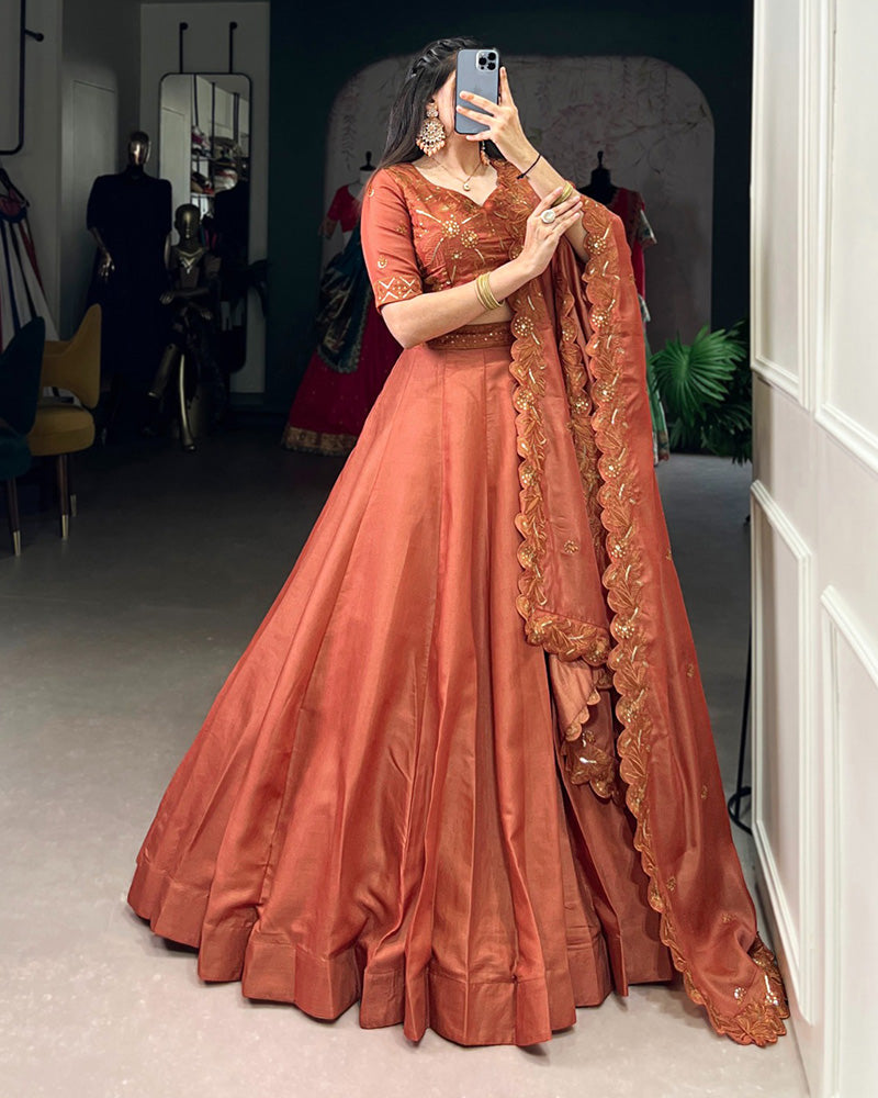 Rust Orange Color Korean Tussar Silk Lehenga Choli
