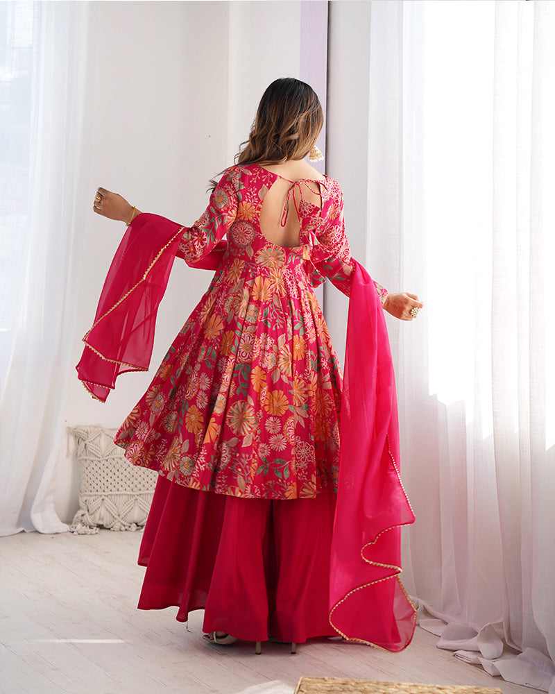 Rani Pink Color Printed Plazzo Suit