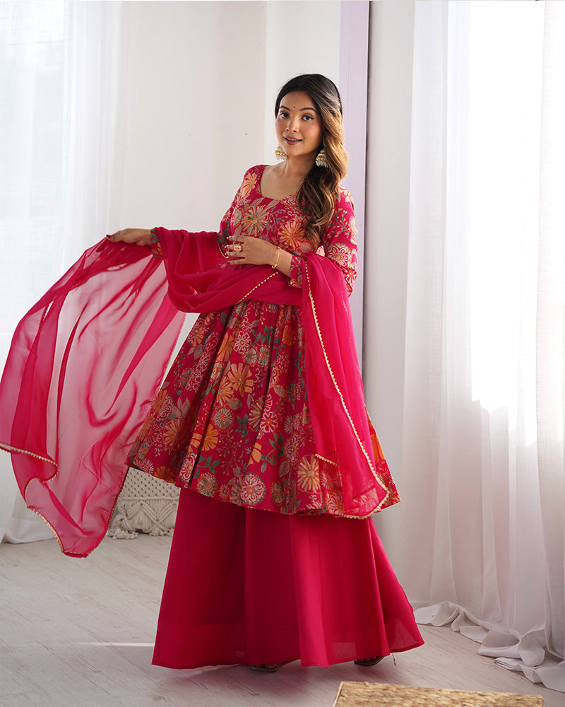 Rani Pink Color Printed Plazzo Suit